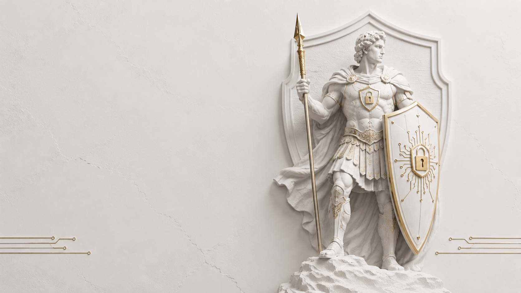 Marble guardian monument with gold circuit-inlaid shield