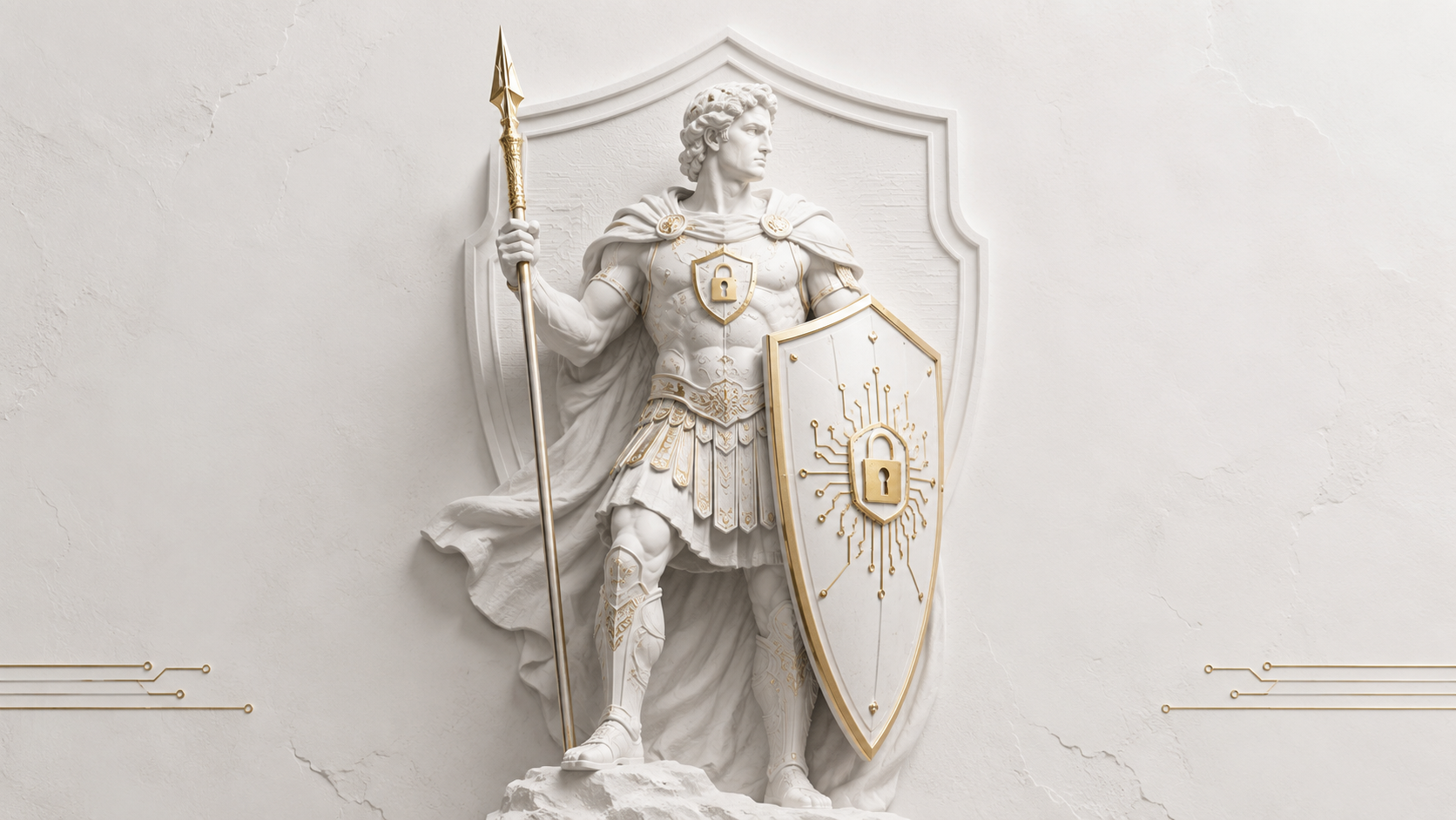 Marble guardian with circuit-etched shield, lit by a single spotlight